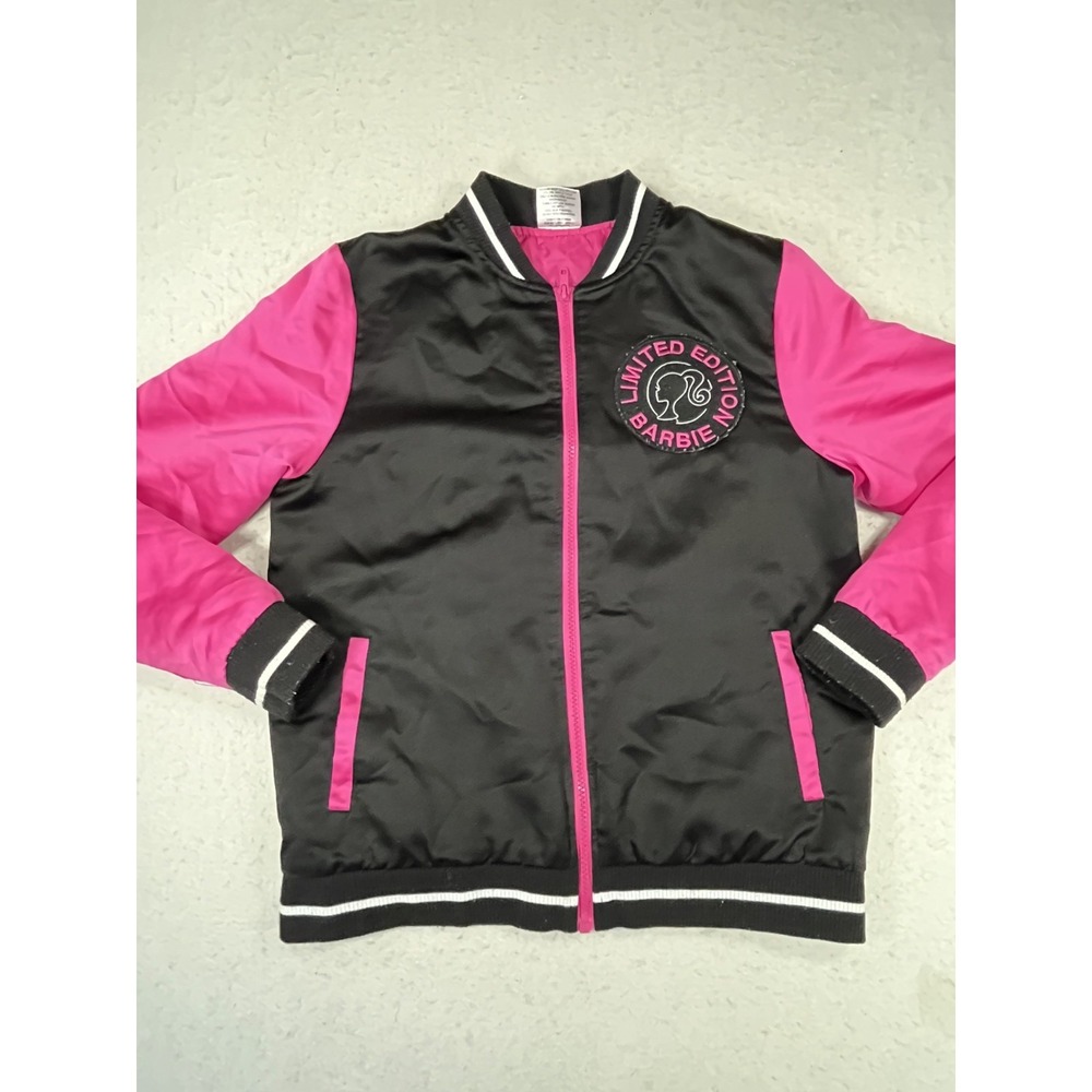 Barbie Varsity Bomber Jacket Girls XL 14 16 Pink Black Lined Insulated Full Zip‎